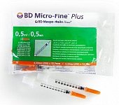 Шприц BD Микро-файн Плюс инсулиновый 100 МЕ/0,5 мл с интегрированной иглой 29G 0,33х12,7мм 10шт, Бектон Дикинсон